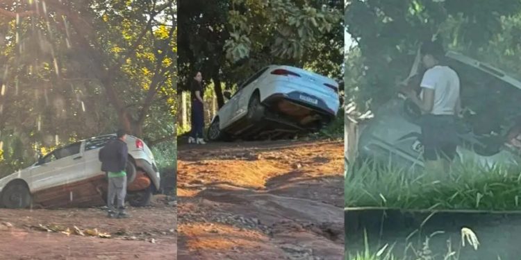 Vala 'engole' carros em trecho de antigo trilho de trem e surpreende motoristas em Campo Grande